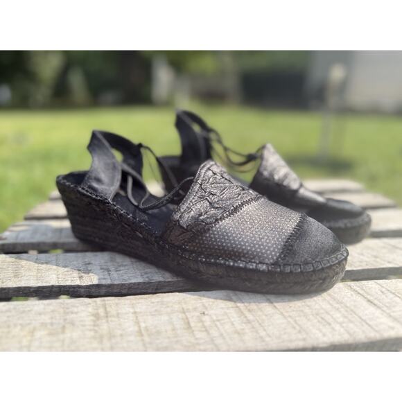 Women 39 Shoes Toni Pons Slingback Espadrille Wedge Sandal Black Metallic Shine - Picture 1 of 16
